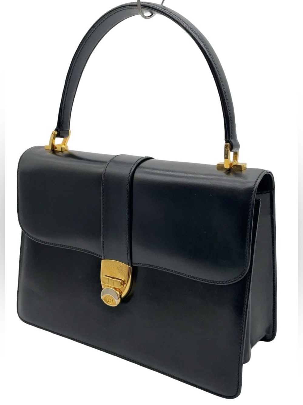 Vintage Gucci Black Leather Structured Top Handle Handbag GG Clasp 99-001-3860